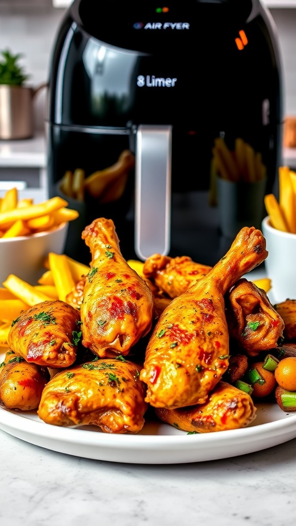 Crispy air-fried chicken wings with fries and vegetables on a plate next to an air fryer.